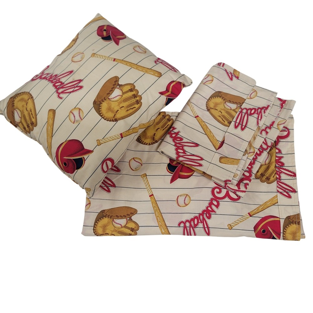 Baseball Themed Pillowcase and Sheet Set in Cream and Red